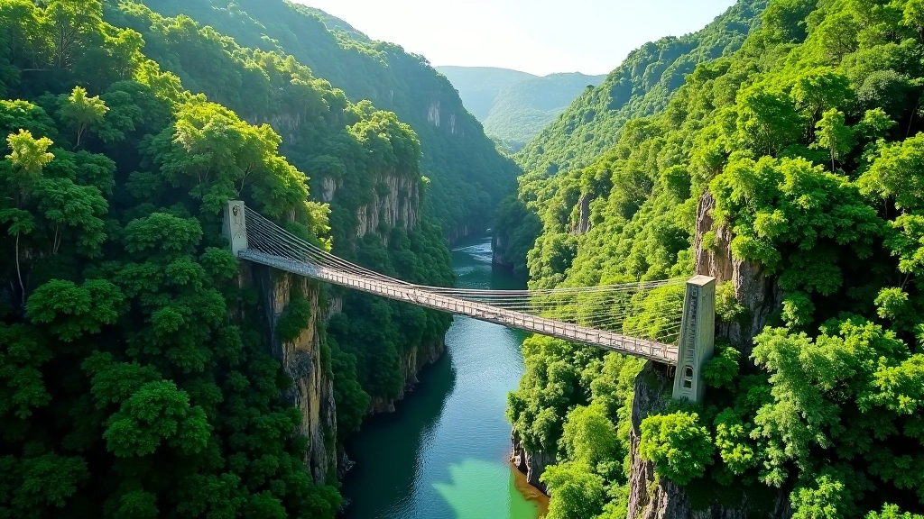 Vista aérea del cañón San Cristóbal mostrando la profundidad y la vegetación tropical alrededor del puente colgante
