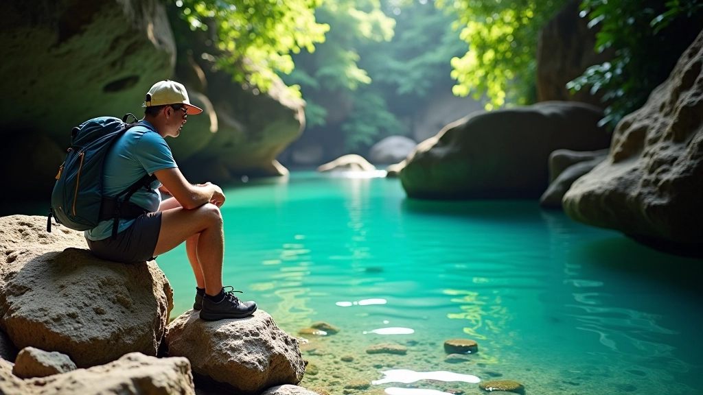 Viajero descansando en rocas junto a agua cristalina del cañón