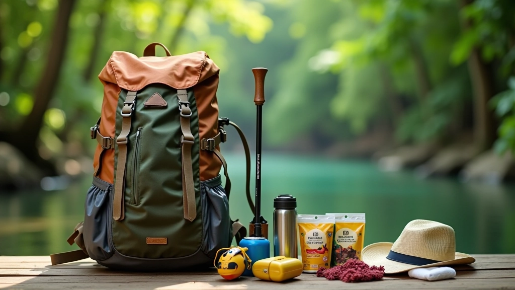 Mochila de senderismo organizada con botella de agua, bastón de trekking, bloqueador solar y refrigerios para adultos mayores
