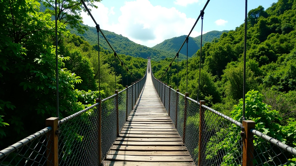 Puente colgante de madera sobre cañón con vista de la naturaleza tropical