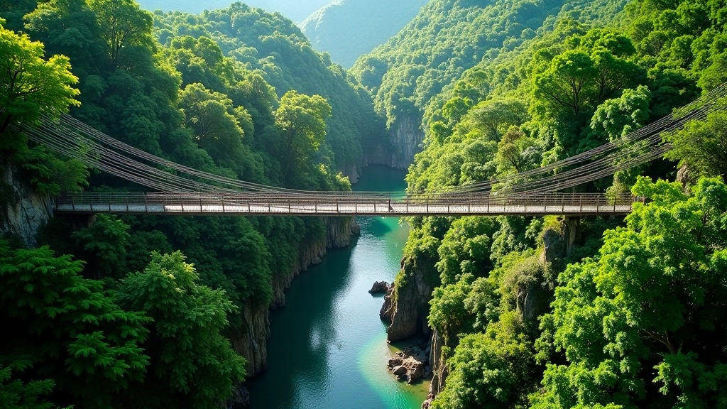 Puente colgante de madera suspendido sobre cañón tropical con vegetación exuberante